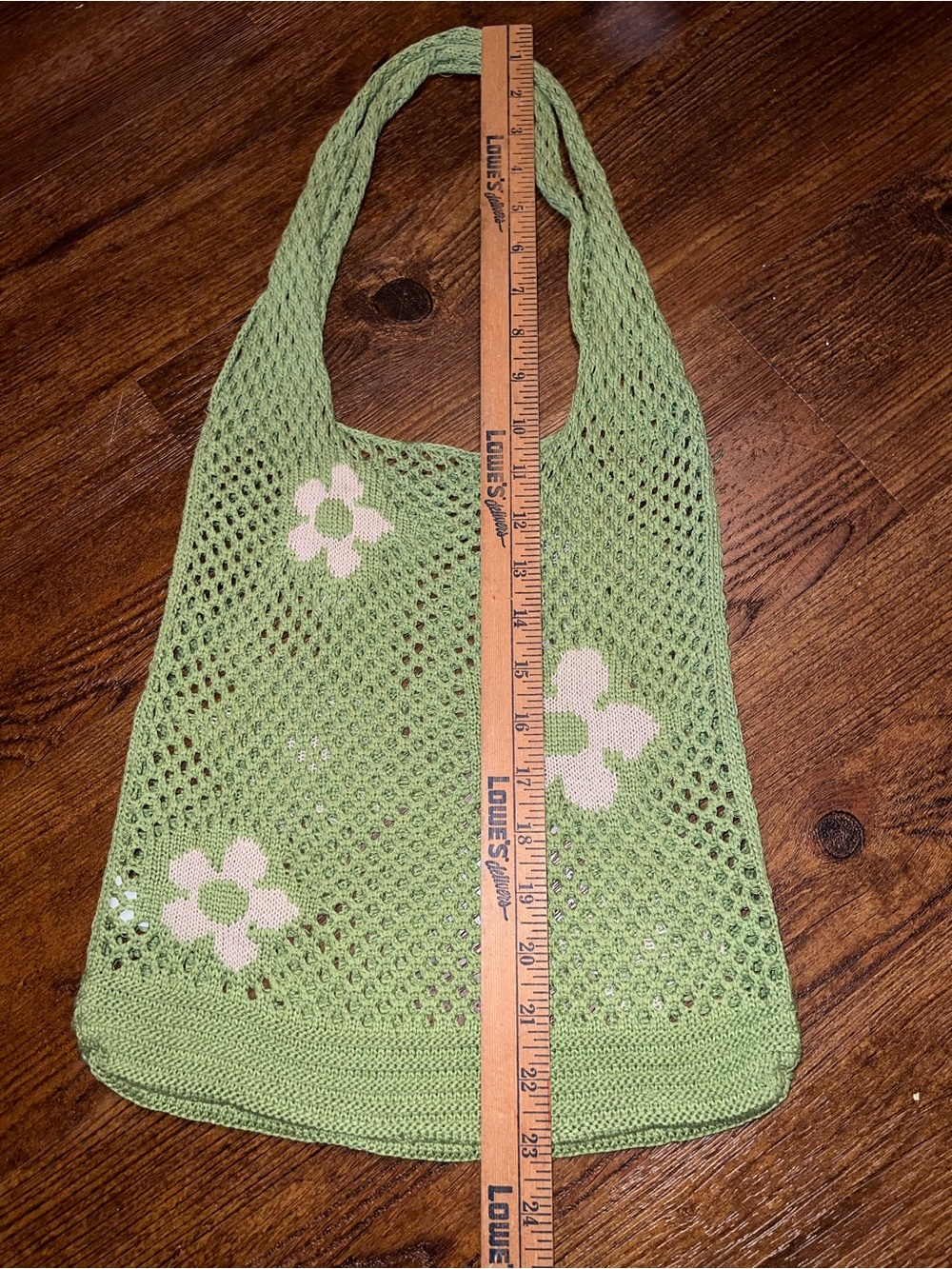 Crochet Green Boho Pink Floral Y2K Hippie Shoulder Tote Bag - Picture 4 of 5